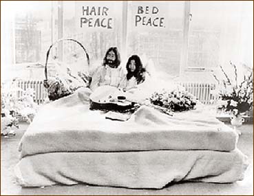 John and Yoko welcome the media at the Amsterdam Bed-In For Peace.